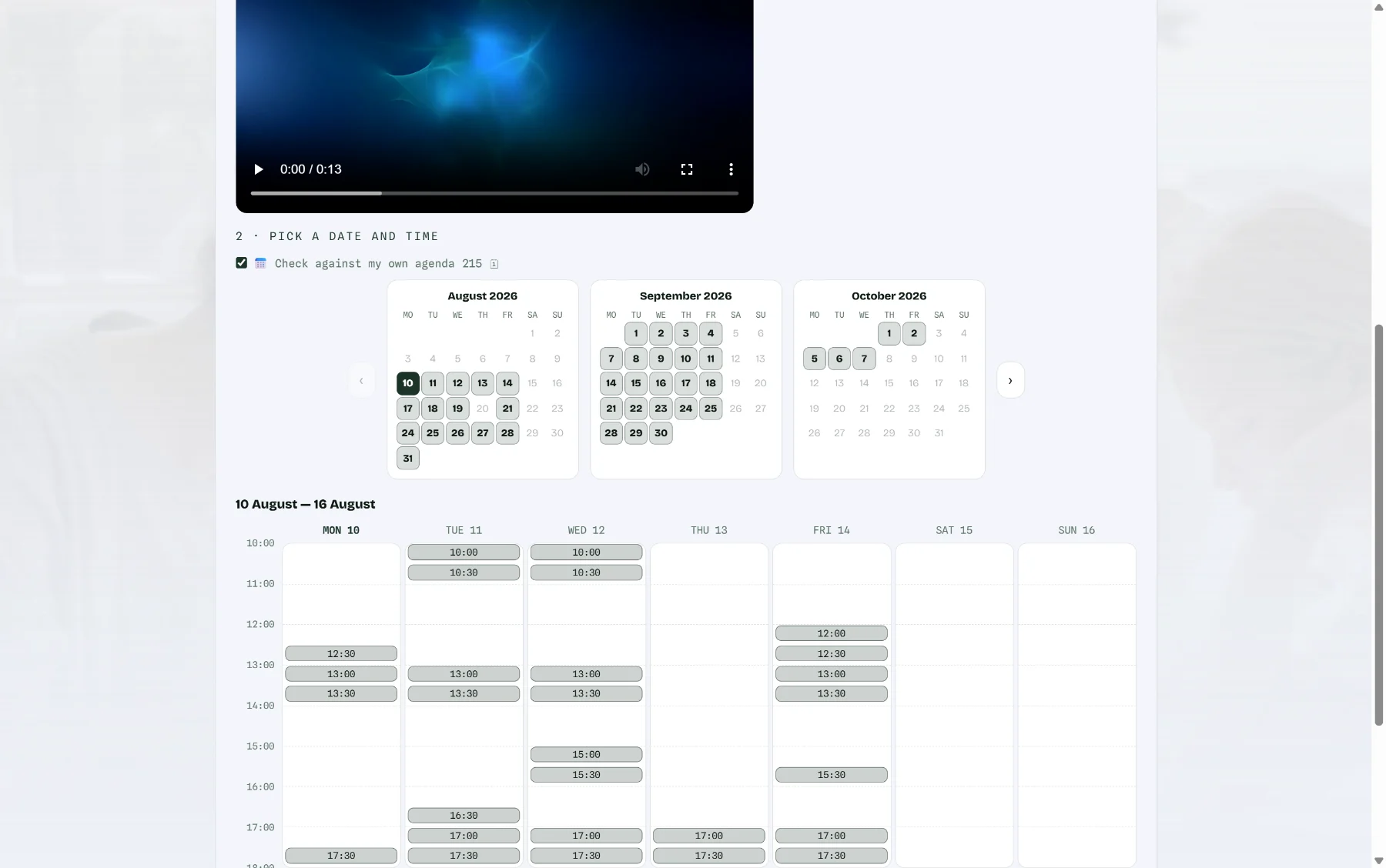 What the other side sees: pick a slot, done — no six emails to find half an hour